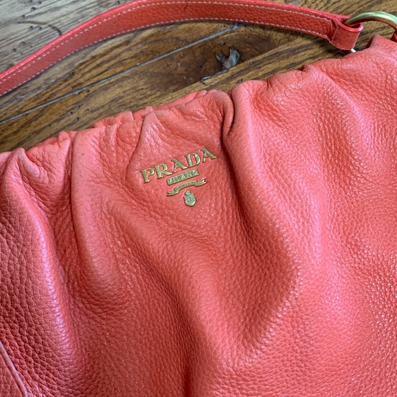 PRADA Cervo Pleat Bag Hobo Orange Deerskin Women’s Crossbody Designer Purse - Picture 5 of 16
